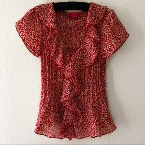 nwot Red Abstract Print Ruffle V-Neck Semi Sheer Blouse - size Medium